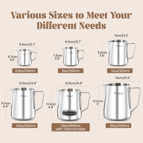 Milk Frother Cup, Dailyart 304 Stainless Steel Milk Frothing Pitcher with Thermometer - Milk Pitcher with Scale Espresso Machine Accessories for Coffee, Cappuccino, Espresso, Latte Art (600ml/20oz) - size: 20.3 Ounces