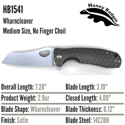 Honey Badger Knives Medium Folding Pocket Knife - 14C28N Steel, 3.20" Blade, Black FRN Handle - Ball Bearing Flipper, Thumb Hole, Reversible Deep-Carry Clip - color: Black