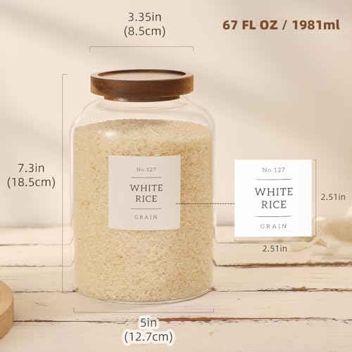 2 Pack Glass Food Storage Containers with Airtight Acacia Lids and 132 Kitchen Pantey Labels Preprint - 67 LF OZ Borosilicate Glass Canister Sets for Food,Coffee,Cookie,Tea,Candy,Sugar - size: 67oz-2 Pack