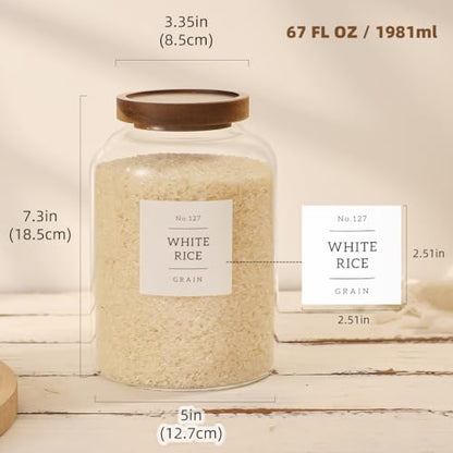 2 Pack Glass Food Storage Containers with Airtight Acacia Lids and 132 Kitchen Pantey Labels Preprint - 67 LF OZ Borosilicate Glass Canister Sets for Food,Coffee,Cookie,Tea,Candy,Sugar - size: 67oz-2 Pack