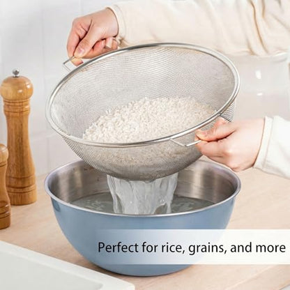 304 Stainless Steel Rice Washing Bowl and 40 Mesh Strainer Set, 3.5QT | 40-mesh strainer helps prevent grain loss while measurement marks and sturdy handles make rinsing and draining easier. - color: Gray