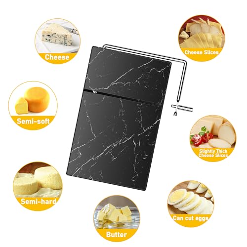 TOPULORS Marble Cheese Slicer with 5 Replacement Thick Cutting Wires, Black | Heavy-Duty 5"x8" Handheld Marble Board Cheese Slicer Cutter, Smoothly Cuts Block Cheese & Butter, Daily Kitchen Gadget - color: Black