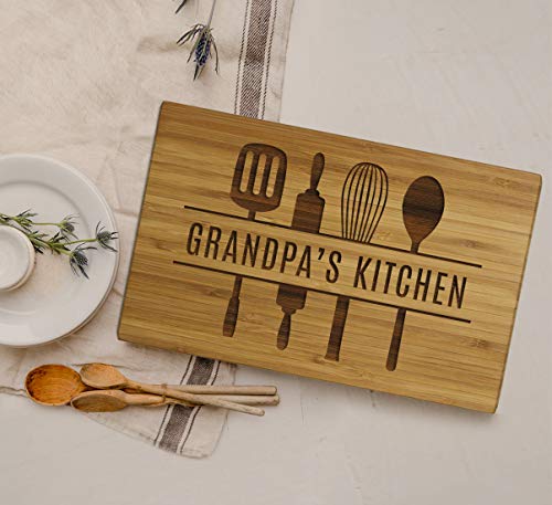 Andaz Press Large Bamboo Wood Cutting Board Gift, 17.75 x 11-inch, Grandpa's Kitchen, Utensils Graphic, 1-Pack, Laser Engraved Serving Chopping Board Christmas Birthday Chef Kitchen Ideas - color: Grandpa