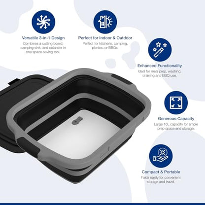 2-Pack XL Collapsible BBQ Prep Tub with Built-In Cutting Board, Lid & Strainer – Marinate, Drain & Prep – Large Food-Safe Container – Perfect for Grilling, Smoking & Outdoor Cooking (Black) - color: Black