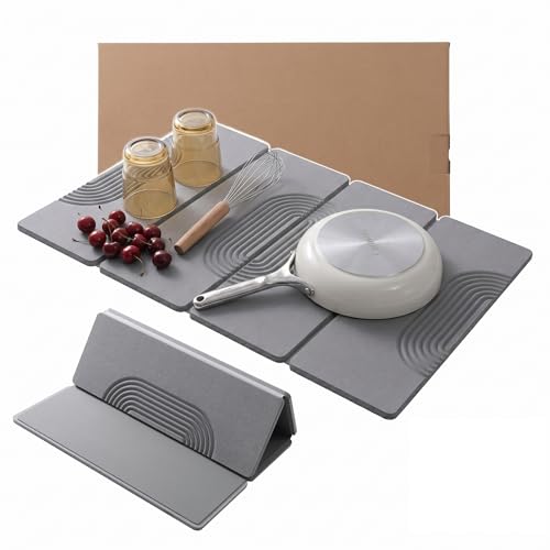 Large Stone Dish Drying Mat for Kitchen Counter,Collapsable Stone Dish Drying Mat with Diatomaceous Earth for Quick Drying-Ultra Absorbent-Eco-Friendly,Foldable -23.6"×15.7" Light Gray Curved Grooves - color: HXTY-Light Gray