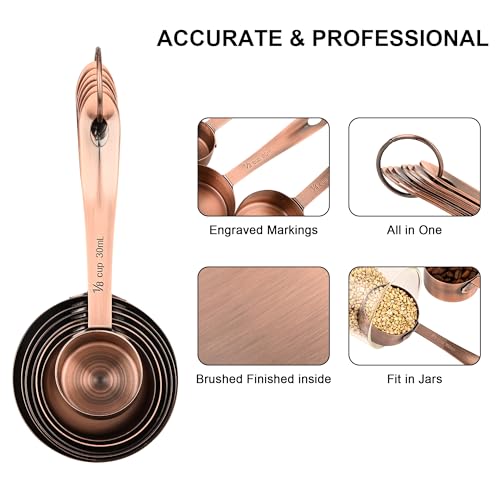 Copper Measuring Cups and Spoons Set of 18, 7 Measuring Cups, 9 Measuring Spoons, Stainless Steel Measuring Spoons and Cups for Dry & Wet Ingredients During Kitchen & Baking - color: A01: Copper-7Cups+9Spoons