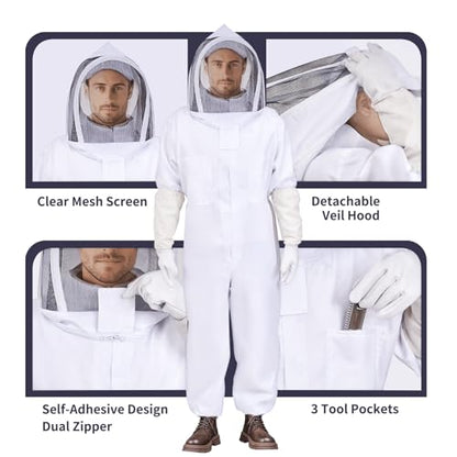 KAGZ Professional Bee Suit with Adjustable Cap and Goatskin Gloves, Full Body Sting Proof Beekeeping Suit for Men and Women, Protective Beekeeper Gear with Ventilated Veil Hood, L - size: Large