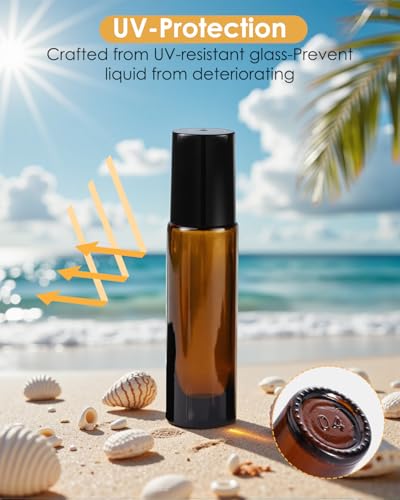 Worldgsb 4 Pack Essential Oil Roller Bottles, 10ml Refillable Amber Glass Roller Bottles with Stainless Steel Roller Balls and Caps for Travel, Perfume and Lip Gloss - color: Amber, style: 4 Pack