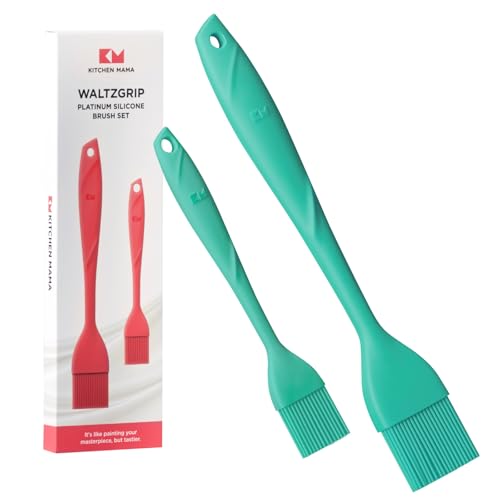 Kitchen Mama WaltzGrip 플래티넘 실리콘 베이스팅 페이스트리 브러시, 청록색 | 2개 세트, 내열성, 요리, 베이킹, 그릴링, 바베큐용, 식기세척기 사용 가능, 오일, 버터, 계란 스프레딩용 - color: 청록색