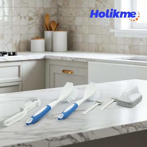 Holikme Cleaning Brush Set, Scouring Pad for Cleaning, Groove Gap Brushes for Pot, Pan, Kitchen Sink, Wire Brushes (Azul) - color: Azul