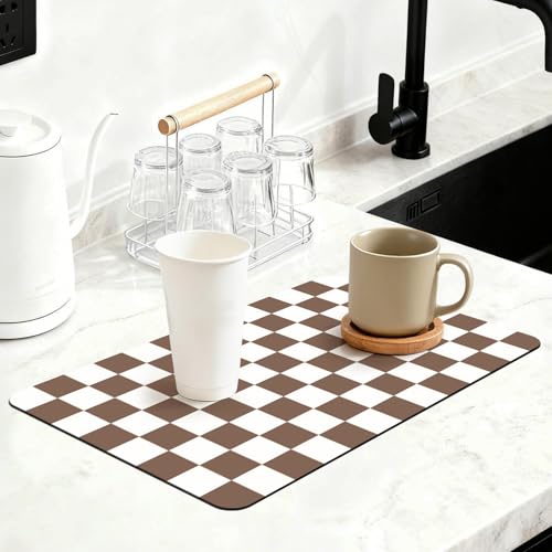 16" x 24" Checkered Dish Drying Mat for Kitchen Counter, Absorbent Coffee Bar Mat for Espresso Machine Coffee Countertops Accessories, Coffee Brown - color: Coffee Brown, size: 16" x 24"