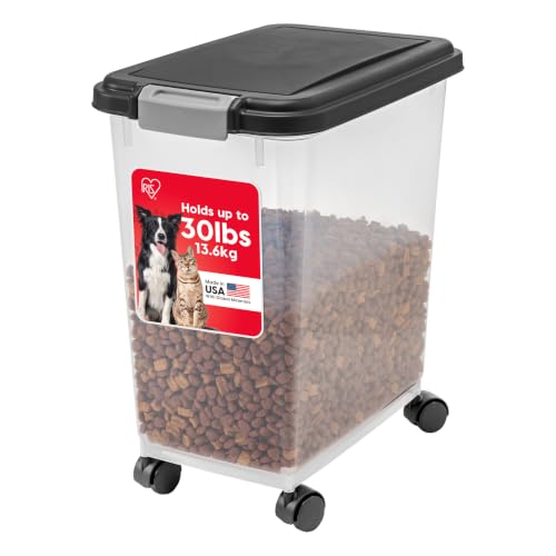 IRIS USA Airtight Pet Food Storage Container with Wheels, Black, 30 lb Capacity - BPA-Free Clear Plastic Bin with Snap-Lid Seal to Keep Kibble, Pellets or Seeds Fresh for Dogs, Cats and Birds - color: Black, size: 30 lbs