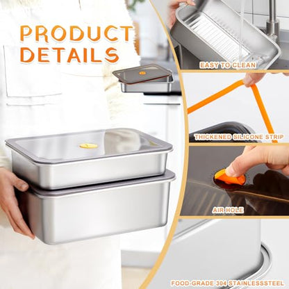 Reallnaive 2 Pcs Stainless Steel Marinade Containers with Lid, 3.3 Qt 9.6 Qt Metal Meat Brining Containers, Brining Prepstorage Box Dishwasher Safe Bpa Free for BBQ Tailgates Storage - size: 3.3 , 9.6 Qt
