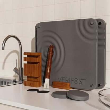 VERIFOST 2 Pcs Large Gray Stone Dish Drying Mat with Acacia Wood Holder Stand for 1 Inch Cutting Board and Fast Stone Drying Mat for Kitchen Counter with Non-slip Feet - color: Acacia Holder Midnight Gray