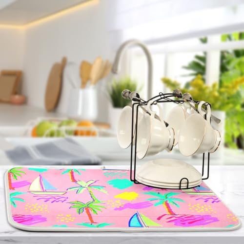 Sailboat Palm Trees Dish Drying Mat for Kitchen Counter Super Absorbent Draining Mat with Non-slip Backed Waterproof Sink Mats for Draining Racks Countertops Sinks Dish Bottles Cups Bowl