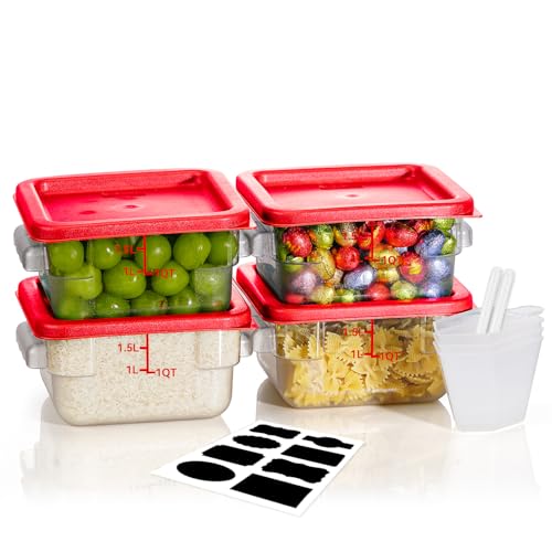 2QT NSF Food Storage Containers: 8 PCS [Food Grade][Hot&Cold Resistant] Commercial Clear Square Food Storage Containers with Scales Handles for Home Restaurant Kitchen Proof Dough(BPA FREE) - color: A2-2QT-RED