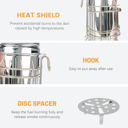BeeTech Stainless Steel Bee Hive Smoker with Heat Shield Included 54Pcs Smoker Pellets for Beekeeping Starters Supplies