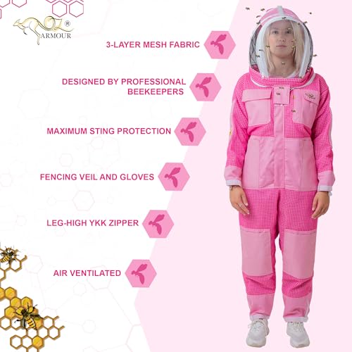 Pink 3 Layer Ventilated Bee Suit for Women | Sting Proof Beekeeping Suit with Fencing Veil, Gloves & Air Mesh Protective Gear (XXS) - size: XX-Small