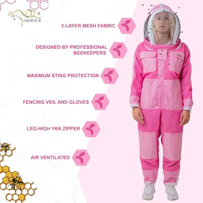 Pink 3 Layer Ventilated Bee Suit for Women | Sting Proof Beekeeping Suit with Fencing Veil, Gloves & Air Mesh Protective Gear (2XL) - size: XX-Large