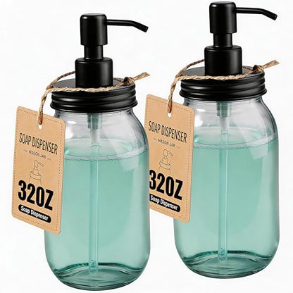 Amolliar Quart Size Mason Jar Liquid Soap Dispenser, 32OZ Glass Pump Bottle Rustproof Stainless Steel Pump Lid Lotion Dispenser, Regular Mouth Dish Soap Dispenser for Kitchen, Hand Soap, Black 2 Pack - color: Black, size: 2 Pack