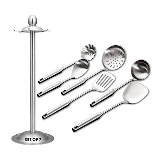 Kitchen Utensil Set – 6 Piece Stainless Steel Cooking Utensils with Rotating Holder Organizer Includes Slotted Spoon, Slotted Spatula, Large Spoon, Soup Ladle, Spatula, Pasta Server Silver/7PCS - style: Cooking Utensils