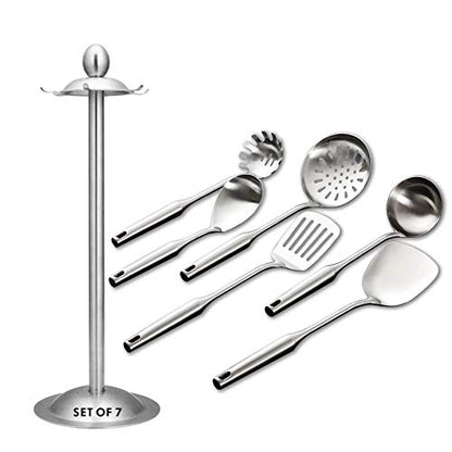 Kitchen Utensil Set – 6 Piece Stainless Steel Cooking Utensils with Rotating Holder Organizer Includes Slotted Spoon, Slotted Spatula, Large Spoon, Soup Ladle, Spatula, Pasta Server Silver/7PCS - style: Cooking Utensils