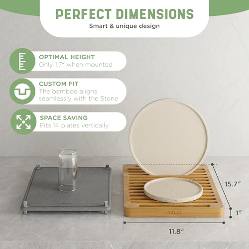 NIUM Stone Drying Mat for Kitchen Counter & Bamboo Rack - 16″x12″ - Diatomaceous Earth Dish drying mat Ultra Absorbent & Fast Drying - EcoFriendly with Non-Slip Pads & Anti-Moisture Design - color: Light Bamboo
