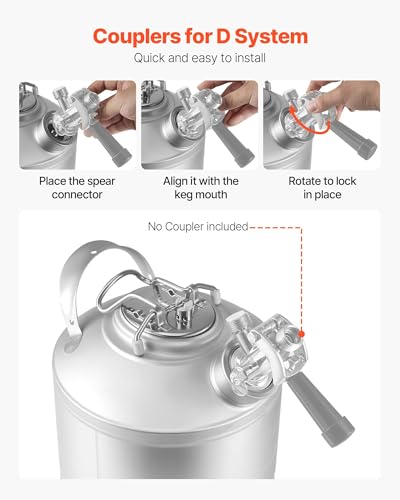 VEVOR Cleaning Keg, 1.75 Gallon/6.5L Keg Line Cleaning Kit with D Coupler Connection & Rubber Base, Beer Lines Cleaner Used for Beer Line Cleaning, 304Stainless Steel Kegerator Beers Lines Cleaner Kit - size: 1.75 Gal
