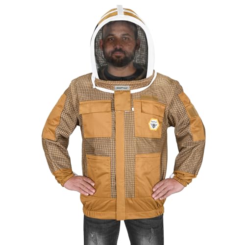 Beekeeping Jacket with Veil 3-Layer Ultra Ventilated 2 Veil Options (Fencing & Round) YKK Zippers Full Protection Suit Carrying Bag (BP-302-Brown)-5XL - color: Brown 2 Veils, size: 5XL