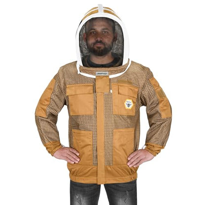 Beekeeping Jacket with Veil 3-Layer Ultra Ventilated 2 Veil Options (Fencing & Round) YKK Zippers Full Protection Suit Carrying Bag (BP-302-Brown)-3XL - color: Brown 2 Veils, size: 3X-Large