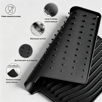 CIEO Silicone Dish Drying Mat for Kitchen Counter, Slope Fast Self-Draining, Non-Slip Drain Pad, Easy Clean Countertop Protection Mat, Multiple Use for Dishes Drying Rack（18.9"x 11.9",Black）