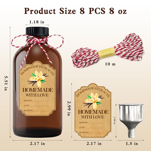 8Pcs 8 oz Amber Glass Bottle Brown Round Bottles with Caps, for Vanilla Extract Homemade, with Stickers and Funnel, for Syrup Gift Glass Food Storage Canister Set, Sauce Beans, Essential Oil - color: 8 Pcs 8 Ounce