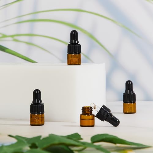 Didaey 200 Pcs 1/2/3/5/10/15 ml Mini Glass Oil Dropper Bottle Bulk, Clear Essential Small Empty Bottles Sample Containers Perfume Liquid Vials with Cap for Traveling (1 ml,Amber) - color: Amber, size: 1 ml
