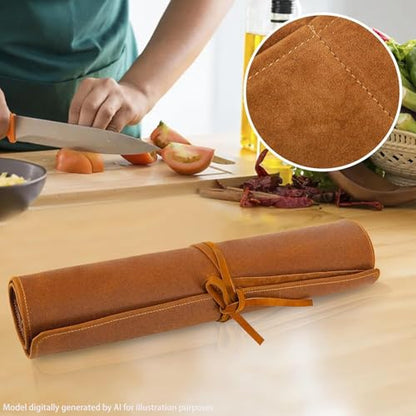 Knife Roll Bag Genuine Leather,Chefs Professional 5 Knives and Cookware,Perfect for The Traveling Chef,Travel Tool Roll Pouch,No Tools Included - color: 5 Slots brown