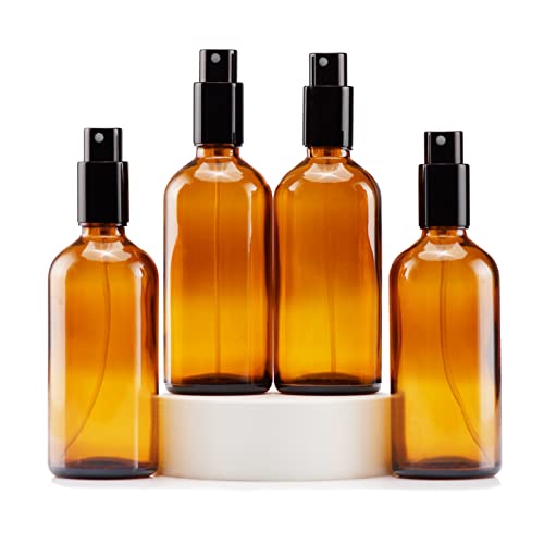 YIZHAO Amber Glass Spray Bottles 4oz, with Small Fine Mist Spray, Metal Cap, Refillable for Essential Oil,Travel,Cleaning,Perfume,Aromatherapy,Makeup – 4 Pcs - color: Amber, size: 100ml-4