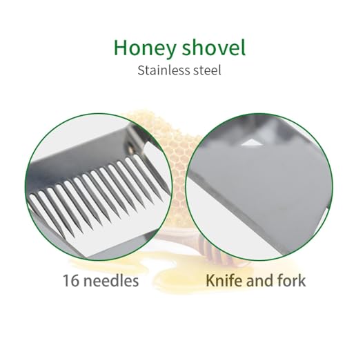 SEIWEI 16 Tines Adjustable Uncapping Fork with Wood Handle, 2 in 1 Stainless Steel Honeycomb Honey Fork Knife Bee Hive Shovel Hand Tool, Easy to Use