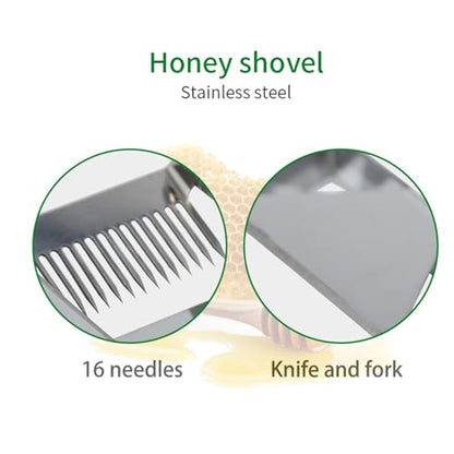 SEIWEI 16 Tines Adjustable Uncapping Fork with Wood Handle, 2 in 1 Stainless Steel Honeycomb Honey Fork Knife Bee Hive Shovel Hand Tool, Easy to Use