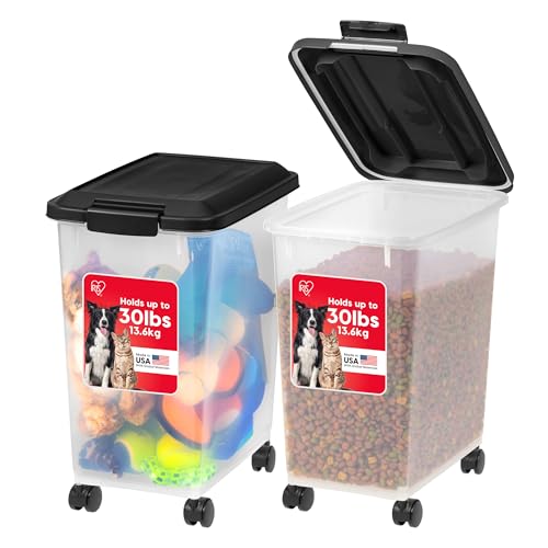 IRIS USA Dog Food Storage Container, 2 Pack, Up to 30 lbs Each, Airtight Seal for Freshness, Wheels for Rolling, Easy One Hand Opening, Made in USA, BPA Free, Clear/Black - color: Black, size: 30 lbs - 2 Pack