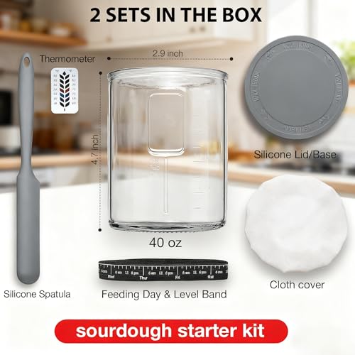 2 Pack Premium Pro Sourdough Starter Jar Kit - 40oz Large Wide Mouth Sourdough Bread Jar with Marked Feeding Band, Thermometer, Scraper, Cloth Cover & Silicone Lid/Base, Glass Container, Baking Supply