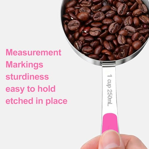 Bopei Measuring Cups and Spoons Set Stainless Steel 10 Piece for Cooking and Baking (5 Cups + 5 Spoons, Pink Handle) - color: Pink