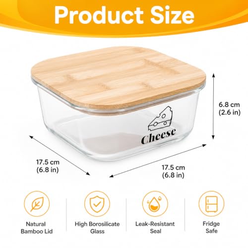 Cheese Container for Refrigerator,Glass cheese slice holder with Wooden Lid,Lunch Deli Meat Containers for Fridge,BPA-Free Shredded Cream Block Sliced,Grated,CheddarCheeses Storage Box Saver keeper