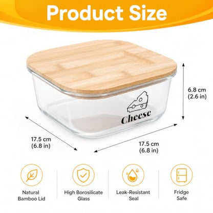 Cheese Container for Refrigerator,Glass cheese slice holder with Wooden Lid,Lunch Deli Meat Containers for Fridge,BPA-Free Shredded Cream Block Sliced,Grated,CheddarCheeses Storage Box Saver keeper