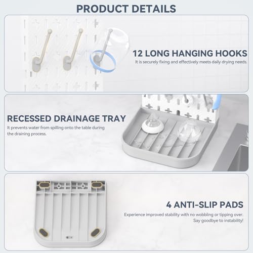 Baby Bottle Drying Rack Baby Bottle Holder Space Saving Bottle Dryer Rack Station Countertop Storage Organizer 12 Travel Bottle Drying Rack Vertical Breast Pump Part Plastic Bag Cup Dryer Tower Grey - color: Gray