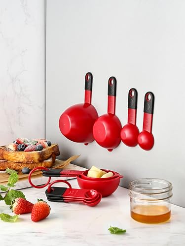 Spring Chef Red Magnetic Measuring Cups and Spoons Set of 9, Stackable Plastic Kitchen Gadget with Easy to Read Markings - Measure Dry or Liquid Ingredients for Baking & Cooking, BPA Free - color: Red