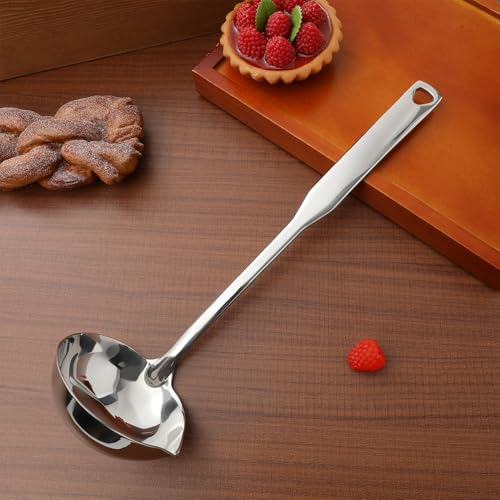 MAGICLULU Soup Ladle with Pouring Spout 12.00 Inch Long Handle Soup Spoon Deep Serving Spoon for Gravy Hot Pot Restaurant Kitchen Serving Utensil Hanging Hole