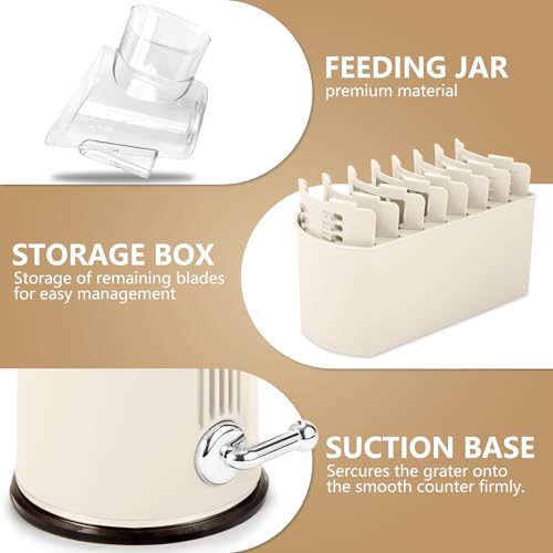 Rotary Cheese Grater with Handle: 5-in-1 Cheese Grater Hand Crank, Strong Suction Base for Fruit Vegetables Nuts with Blade Storage Box (White) - color: White