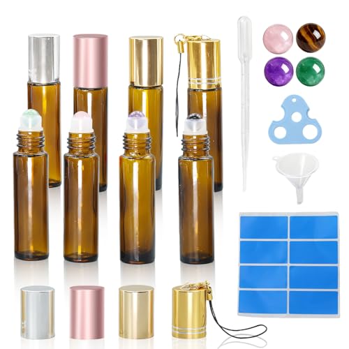 8 Pack 4 Types Roller Bottles for Essential Oils, 10ml Refillable Amber Glass Roll On Bottles with Natural Crystal Roller Balls, Leak-Proof Travel Perfume Bottle with exquisite Caps - color: 4 Types Natural Crystal