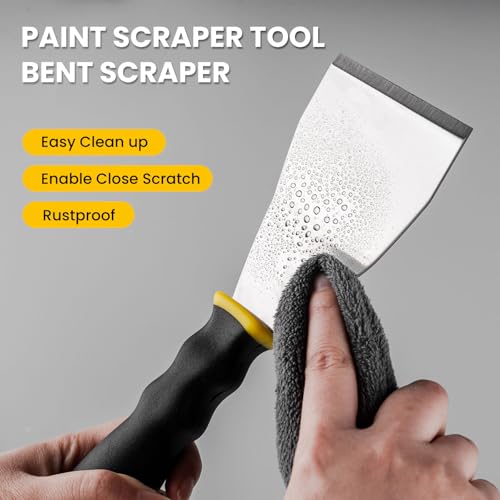 Mister Rui 3" Bent Scraper, Heavy Duty Paint Scraper Tool with Pole Socket Hammer End, Stainless Steel Bent Blade with Anti Slip Rubber Handle, Curved Floor Scraper for Cleaning, Removing, Repairing - color: Yellow