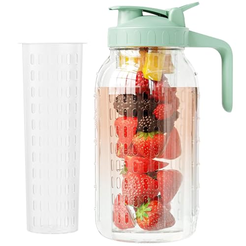 JunVpic Glass Mason Jar Pitcher, 64oz (2 Quart) Wide Mouth Jug with Dual Leak-Proof Pour Spout, Handle Lid for Fruit Drinks, Cold Brew Coffee, Ice Beverage, Iced Juice, Lemonade, Sun Tea Container - color: Light Green, size: 64 Ounces