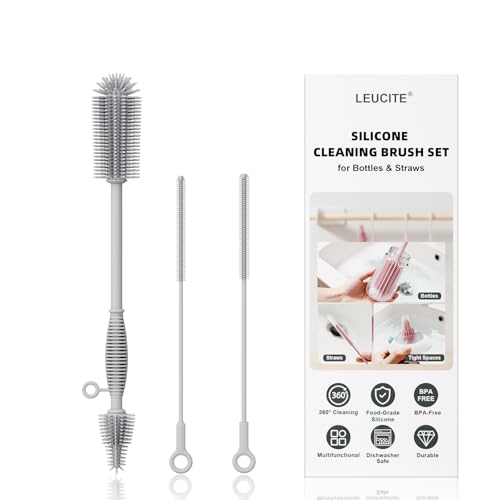 Silicone Cleaning Brush Kit,Water Bottle and Straw Cleaner Brush Set for Tumbler,Baby Bottle,Breast Pump Part,Nipple,Sippy Cup,Glass,Dishwasher Safe,BPA Free,3 Pcs - color: Gray